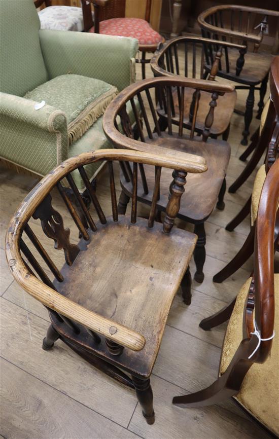 Four 19th century Windsor chairs, (cut down backs)